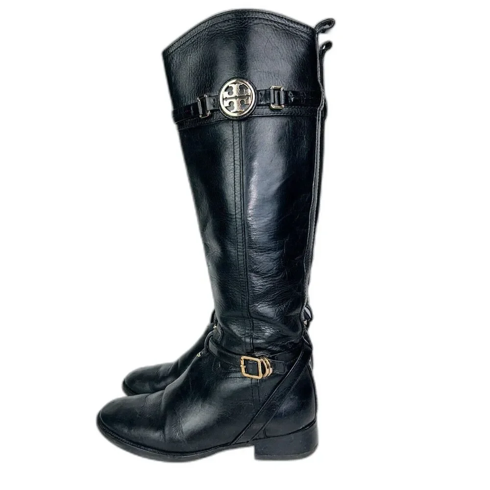 Tory Burch Calista Black Leather Knee High Riding Boots Gold Buckle Women's 6